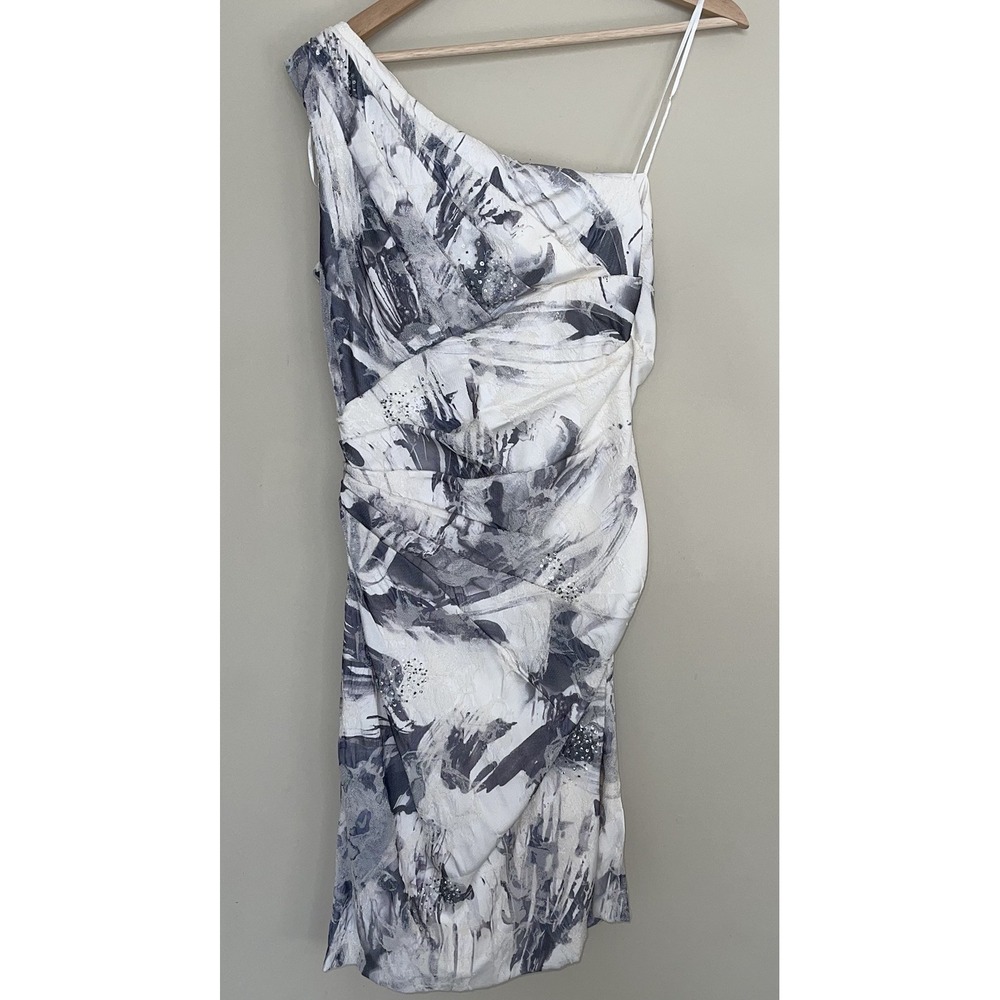 Theia Couture One Shoulder Ruched & Beaded Cocktail Dress Size 8 Ivory/Gray - Picture 4 of 10